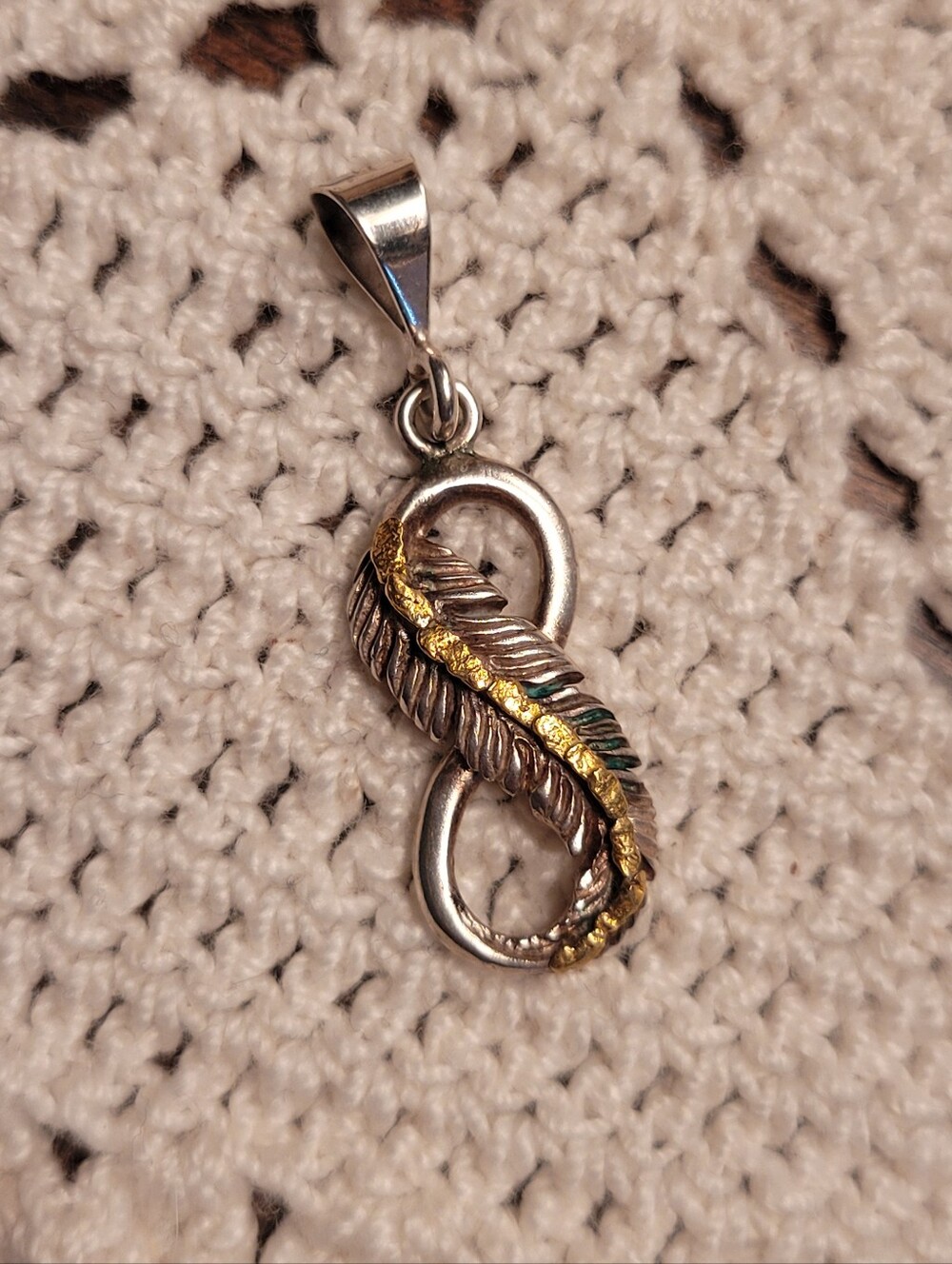 Silver Infinity Feather Pendant with Gold Feather Accent- Women Jewelry